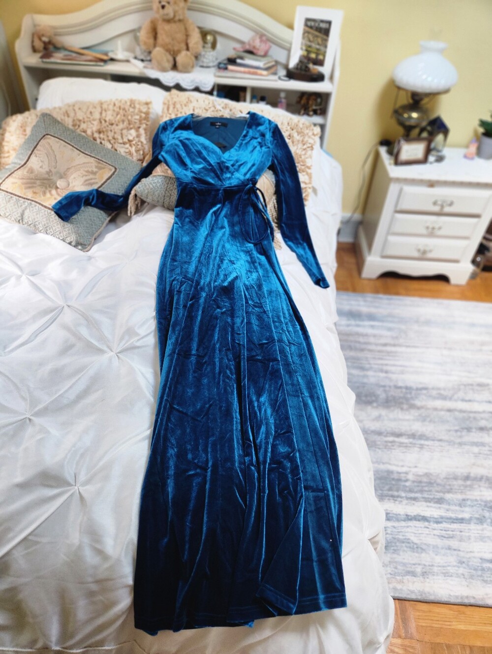 Nwt Lulus Teal Blue Velvet Wrap Maxi Dress With Long Sleeves - Picture 7 of 8